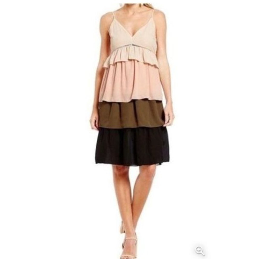 English Factory Pink, Green, Black Color block V-neck Tiered midi Dress Size S